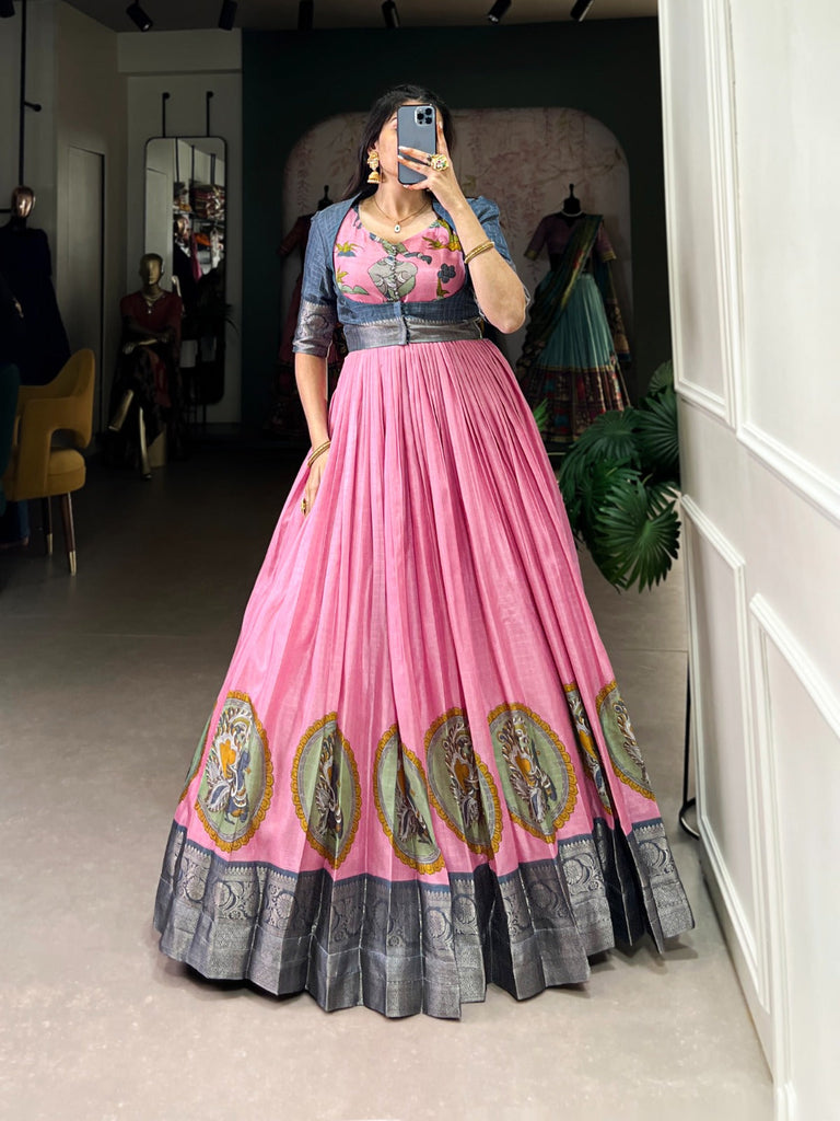 Pink Elegant Dola Silk Kalamkari Print Gown with Zari Weaving Koti ClothsVilla