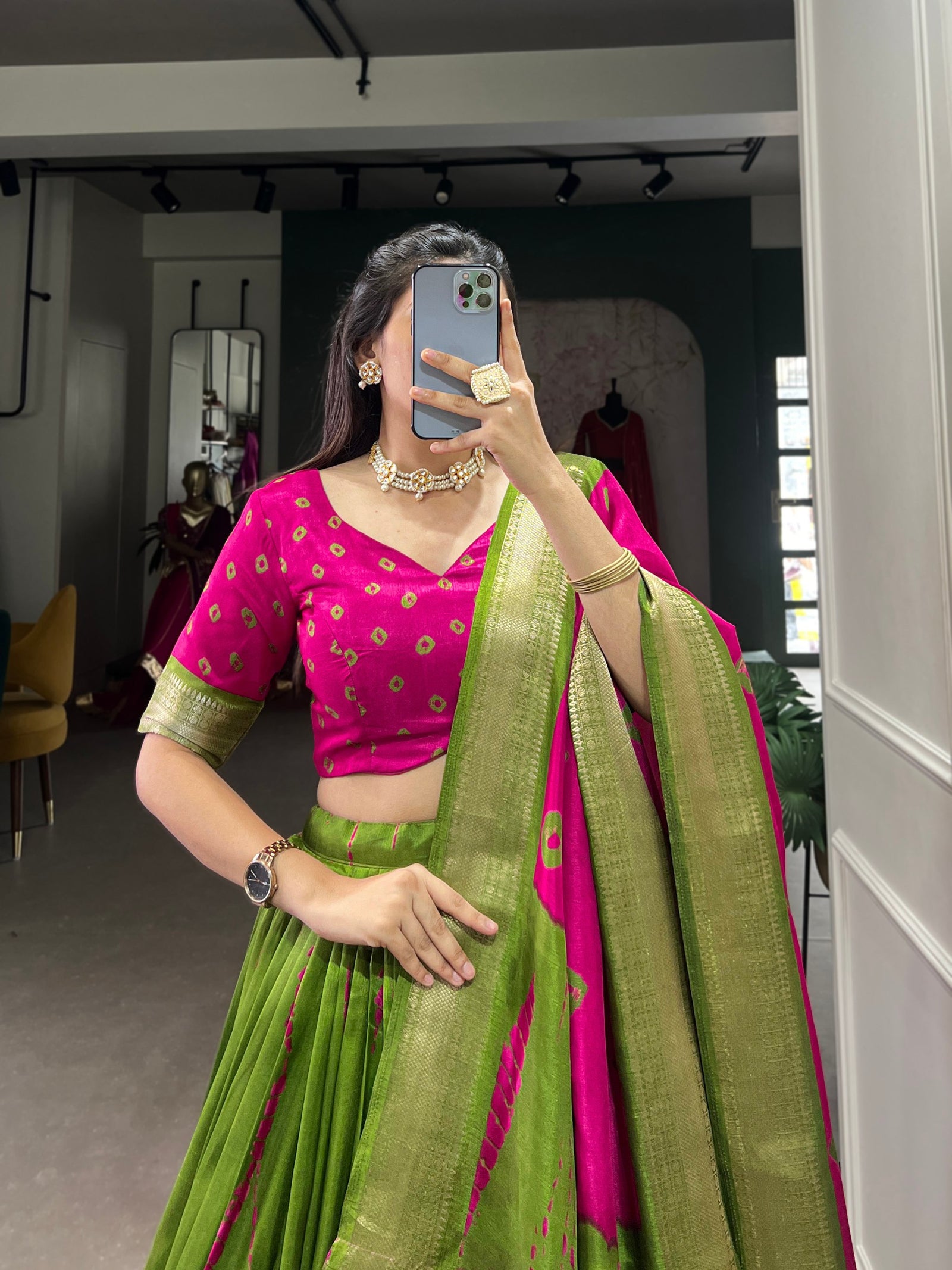 Pink Elegant Dola Silk Shibori Print Lehenga Set with Zari Weaving Border