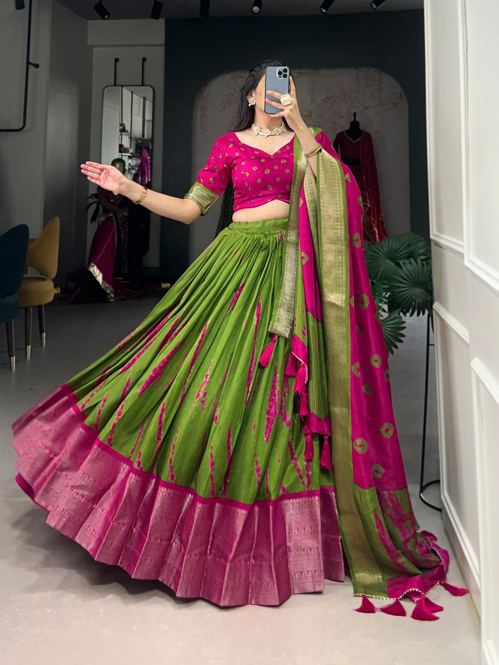 Pink Elegant Dola Silk Shibori Print Lehenga Set with Zari Weaving Border