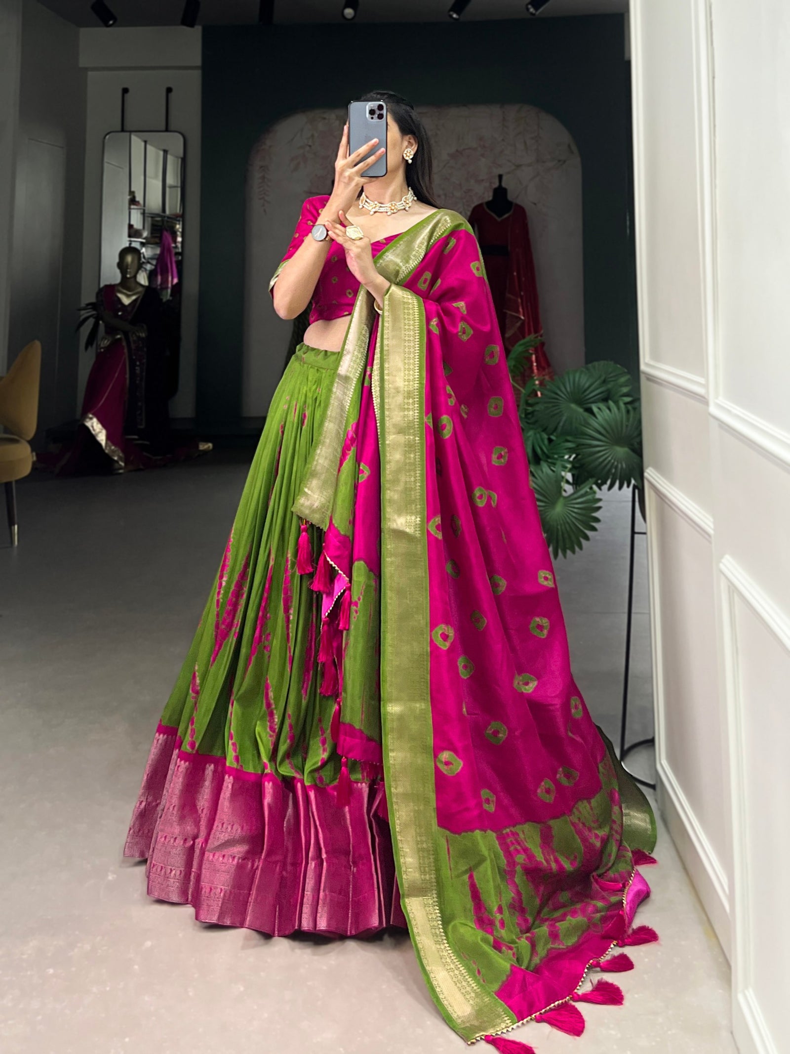 Pink Elegant Dola Silk Shibori Print Lehenga Set with Zari Weaving Border