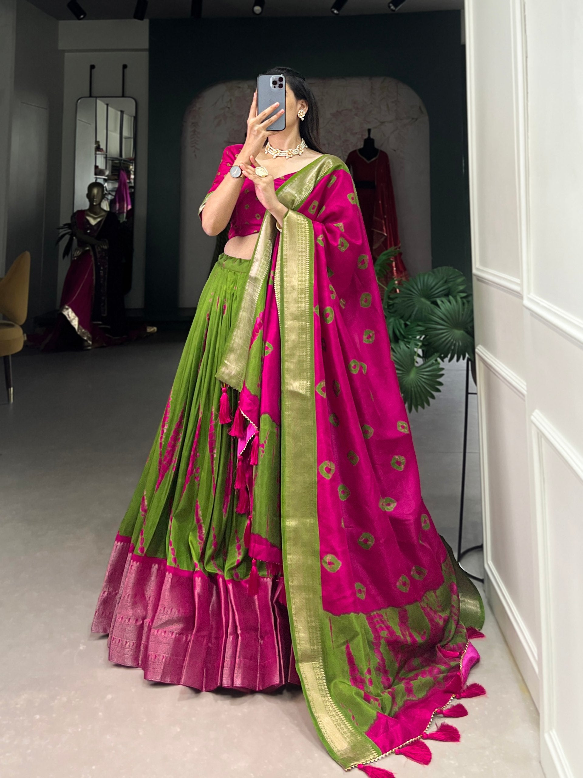 Pink Elegant Dola Silk Shibori Print Lehenga Set with Zari Weaving Border