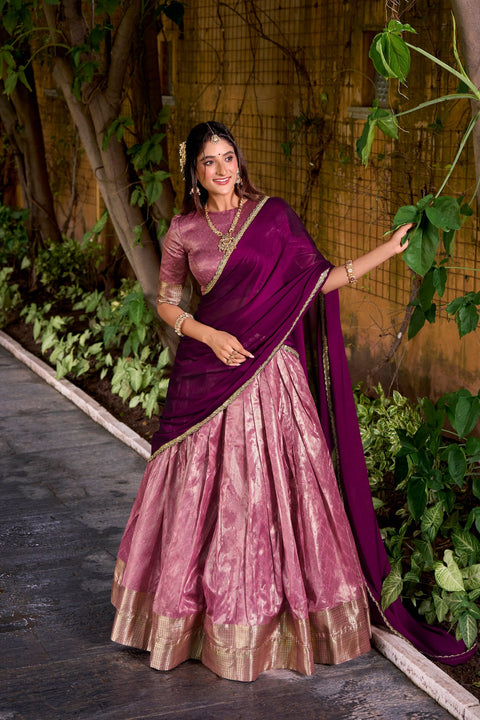 Pink Elegant Dupion Silk Stitched Lehenga with Zari Weaving Work, Unstitched Blouse & Zari Shimmer Dupatta ClothsVilla Main image