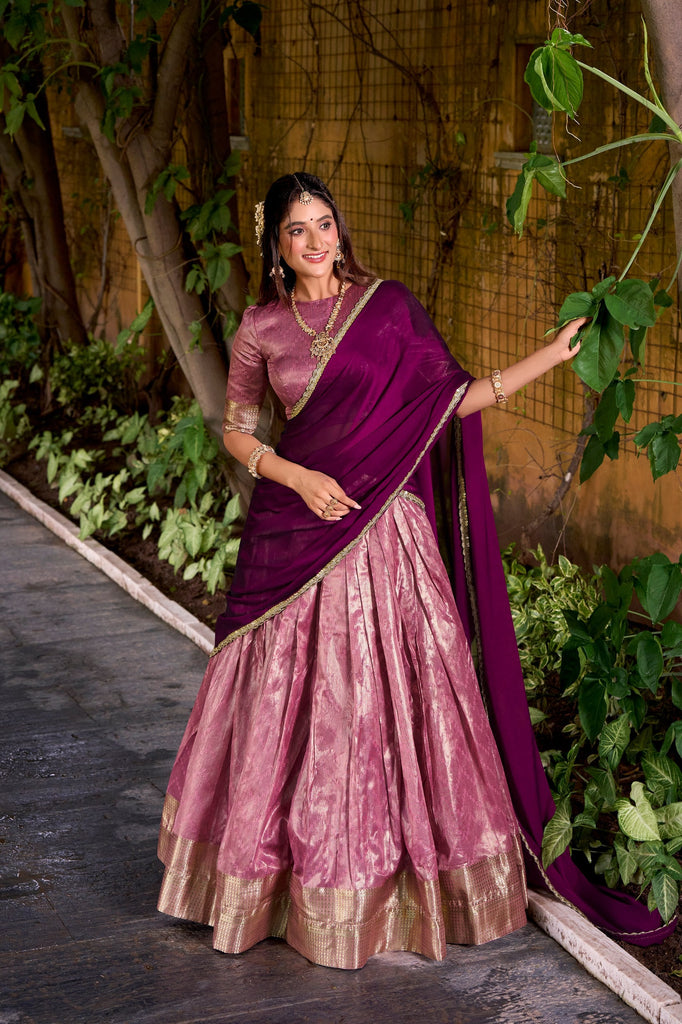 Pink Elegant Dupion Silk Stitched Lehenga with Zari Weaving Work, Unstitched Blouse & Zari Shimmer Dupatta ClothsVilla