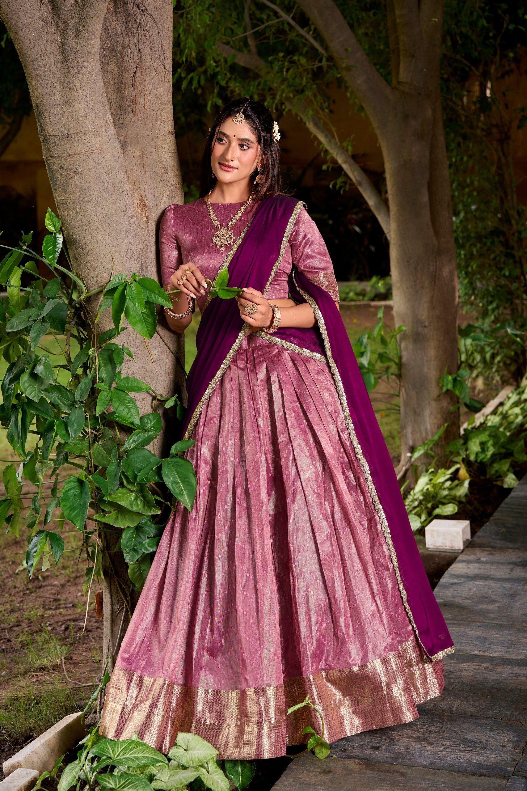Pink Elegant Dupion Silk Stitched Lehenga with Zari Weaving Work, Unstitched Blouse & Zari Shimmer Dupatta Secondary image