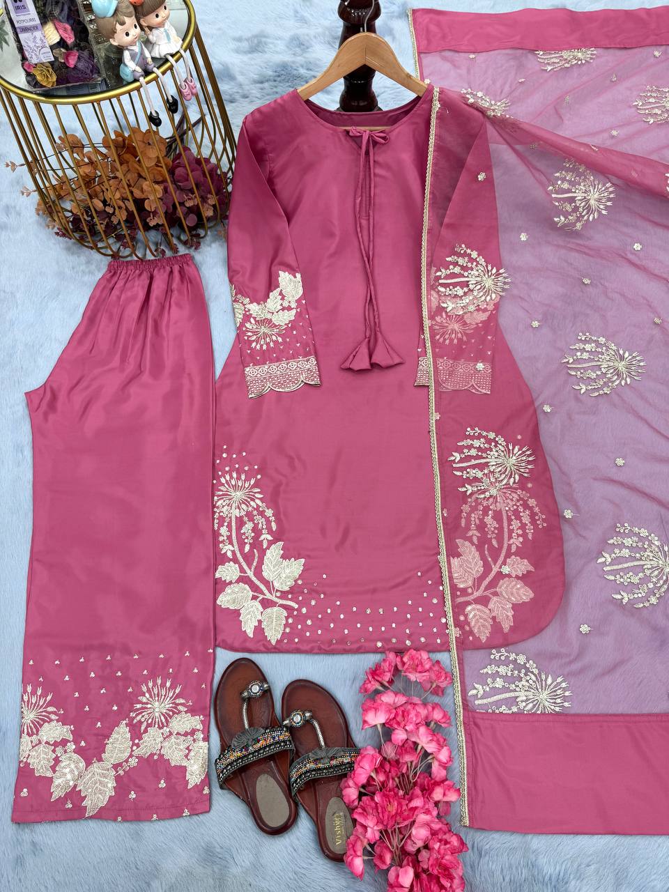 Pink Elegant Embroidered Crepe Palazzo Set with Dupatta Secondary image
