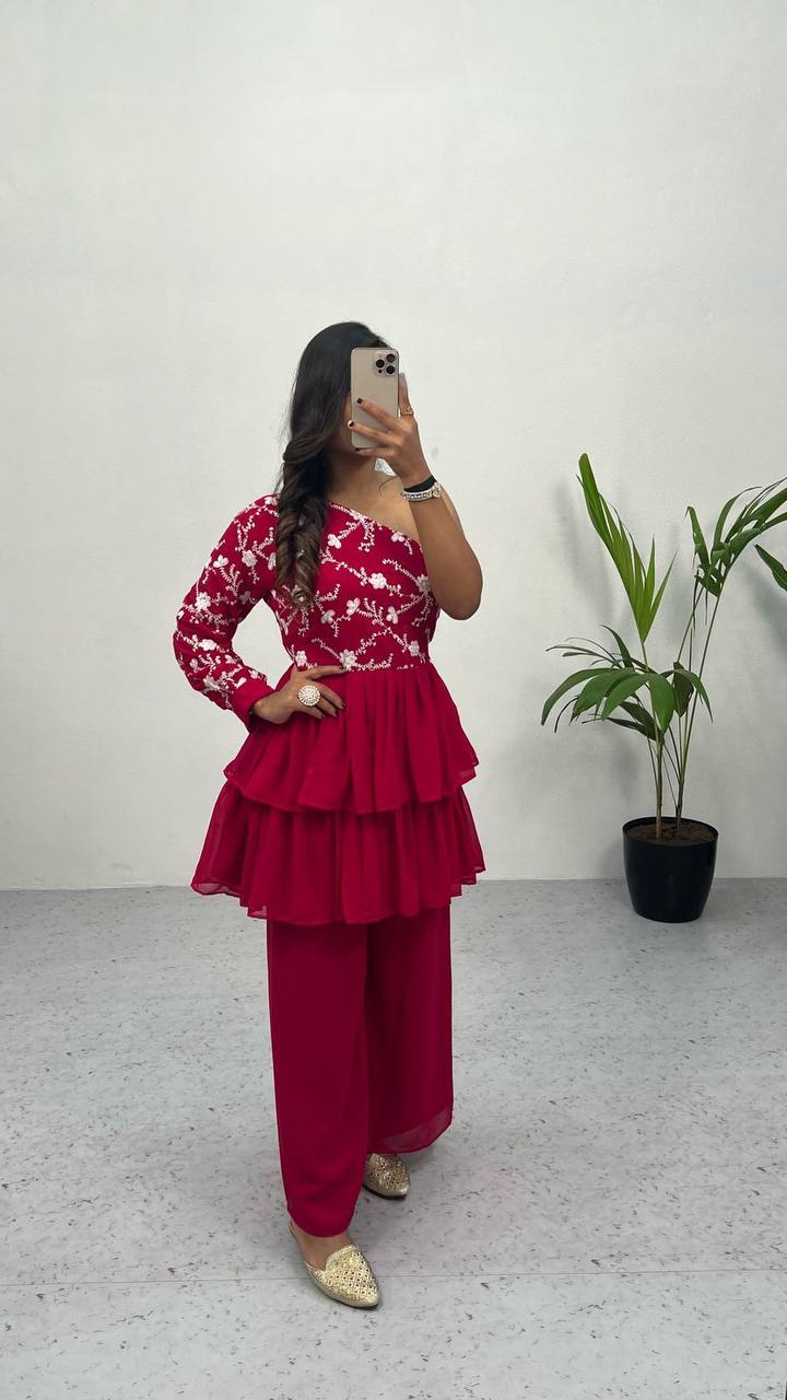 Pink Elegant Embroidered Georgette Top & Palazzo Set – Chic & Classy! ClothsVilla Main image