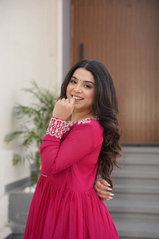 Pink Elegant Embroidered Star Georgette Gown – Double Flair & Designer V Neck ClothsVilla