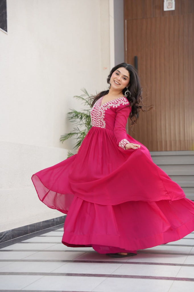 Pink Elegant Embroidered Star Georgette Gown – Double Flair & Designer V Neck ClothsVilla