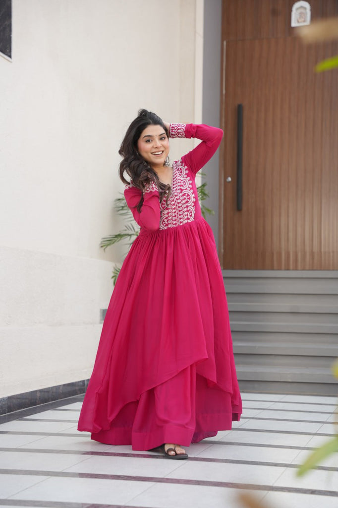 Pink Elegant Embroidered Star Georgette Gown – Double Flair & Designer V Neck ClothsVilla