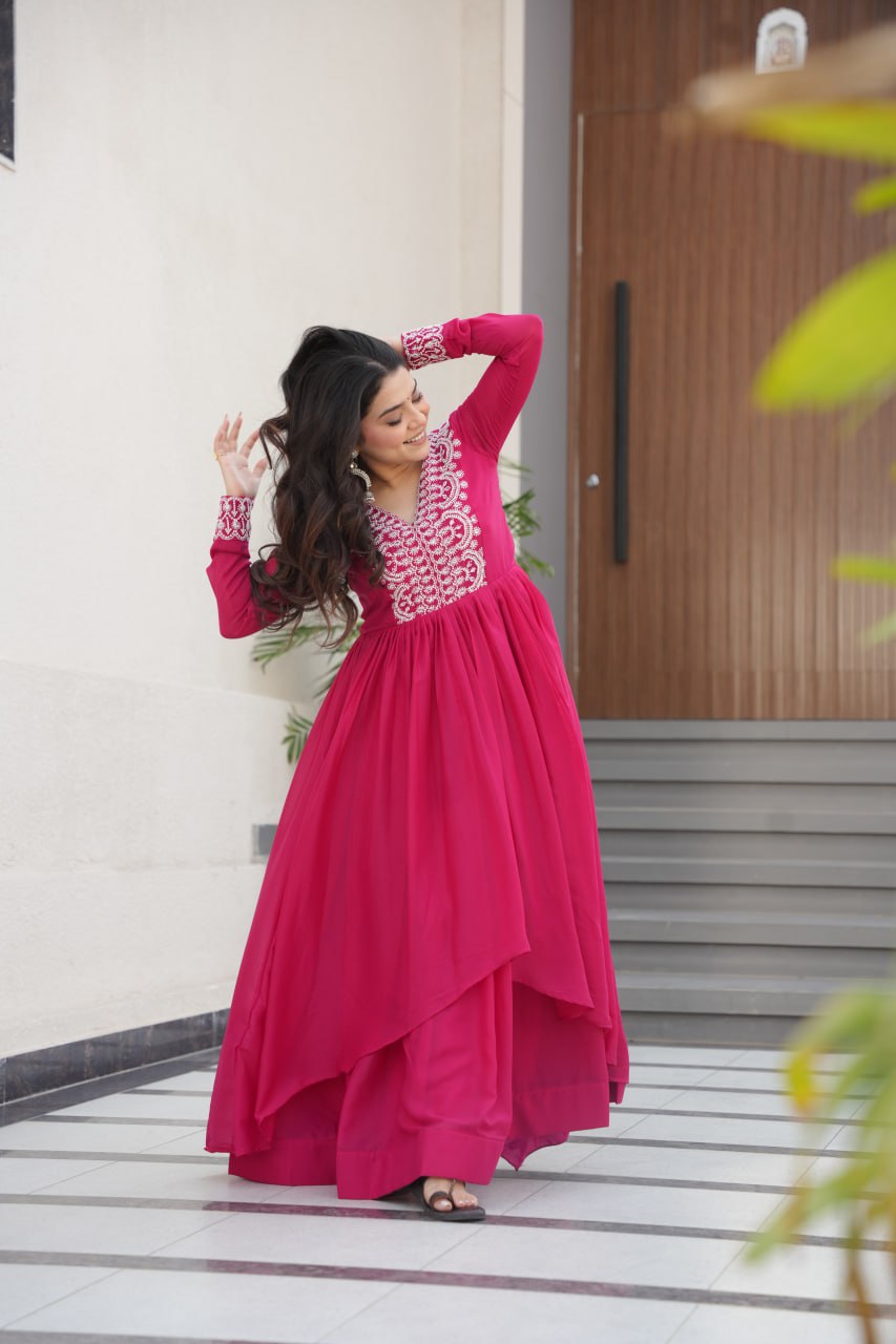 Pink Elegant Embroidered Star Georgette Gown – Double Flair & Designer V Neck ClothsVilla