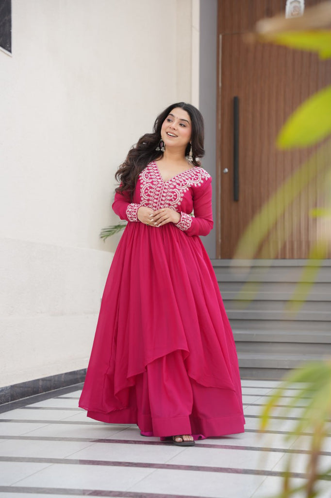 Pink Elegant Embroidered Star Georgette Gown – Double Flair & Designer V Neck ClothsVilla