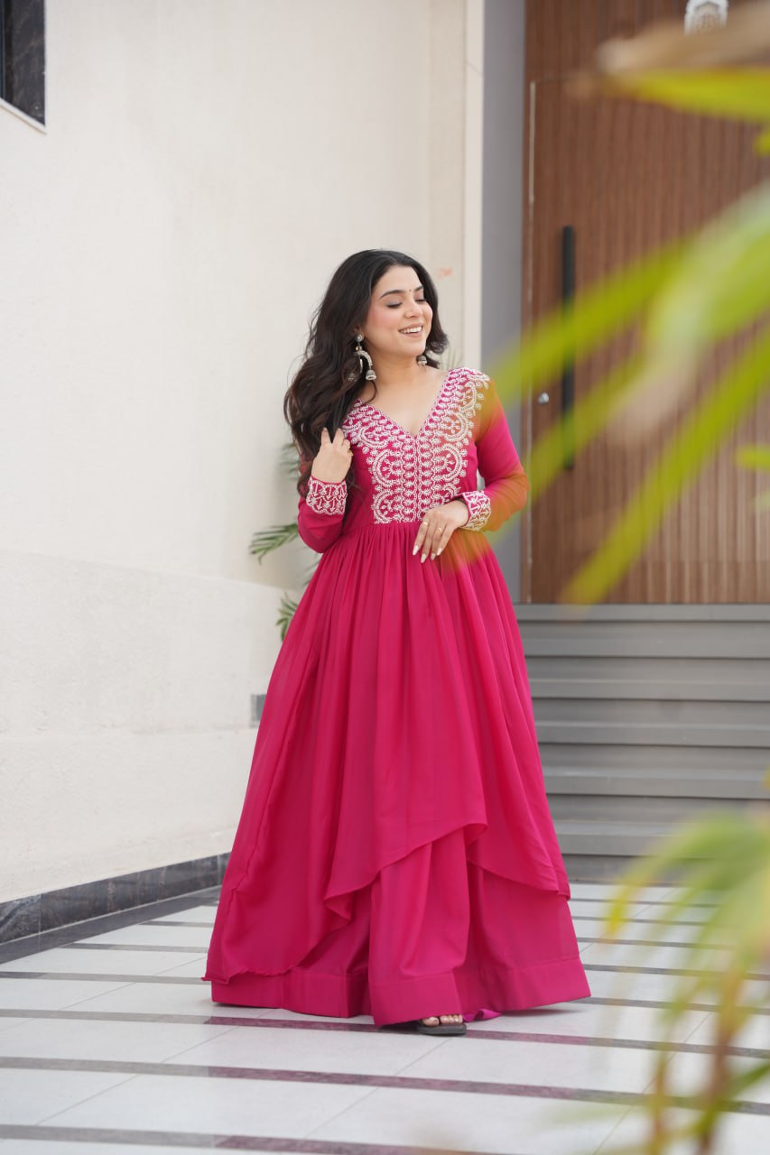 Pink Elegant Embroidered Star Georgette Gown – Double Flair & Designer V Neck ClothsVilla