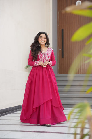 Pink Elegant Embroidered Star Georgette Gown – Double Flair & Designer V Neck ClothsVilla