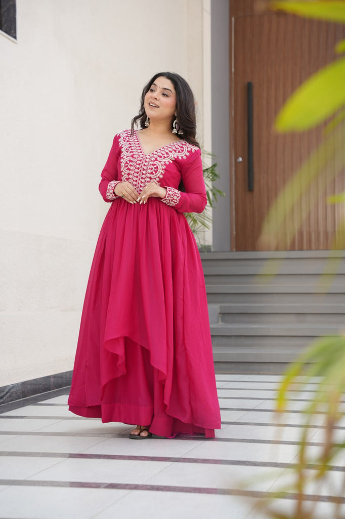 Pink Elegant Embroidered Star Georgette Gown – Double Flair & Designer V Neck ClothsVilla