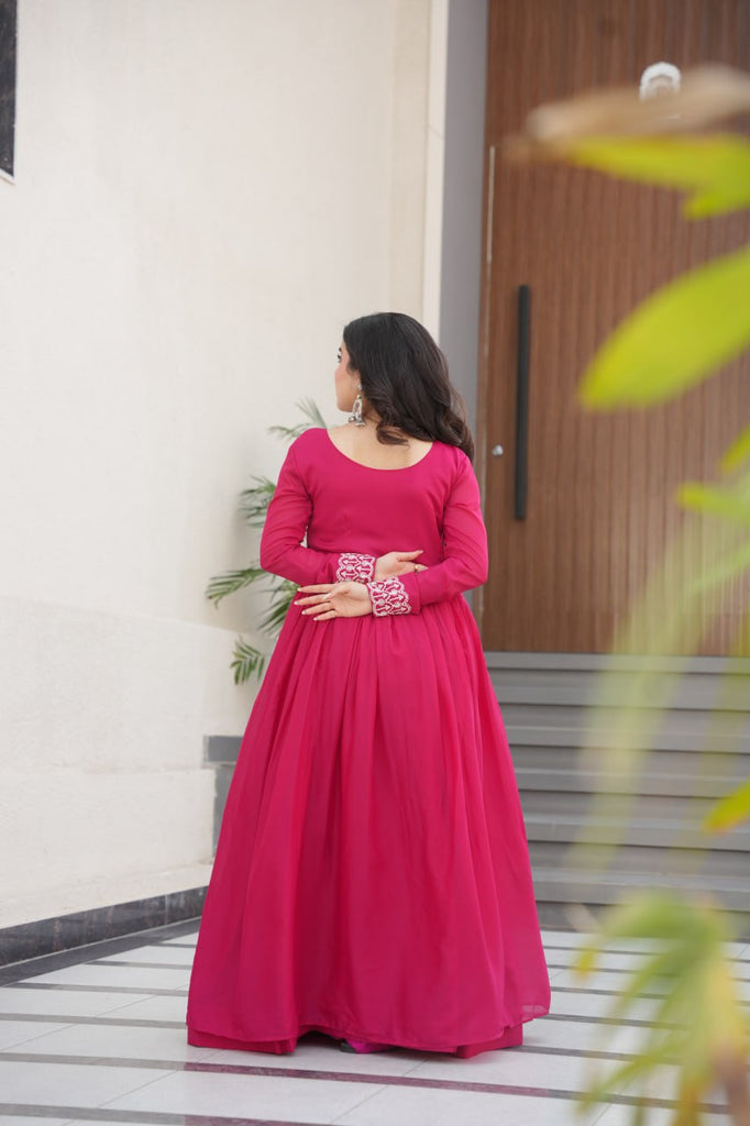 Pink Elegant Embroidered Star Georgette Gown – Double Flair & Designer V Neck ClothsVilla