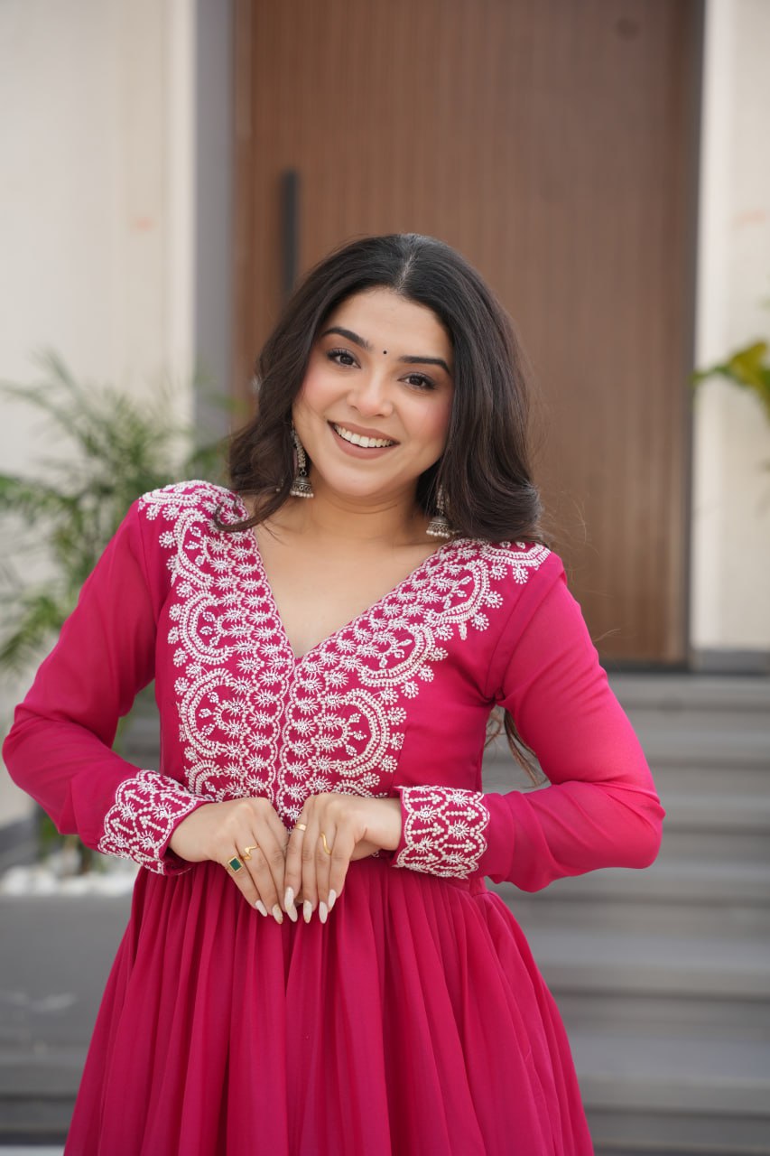 Pink Elegant Embroidered Star Georgette Gown – Double Flair & Designer V Neck ClothsVilla