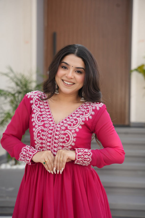 Pink Elegant Embroidered Star Georgette Gown – Double Flair & Designer V Neck ClothsVilla