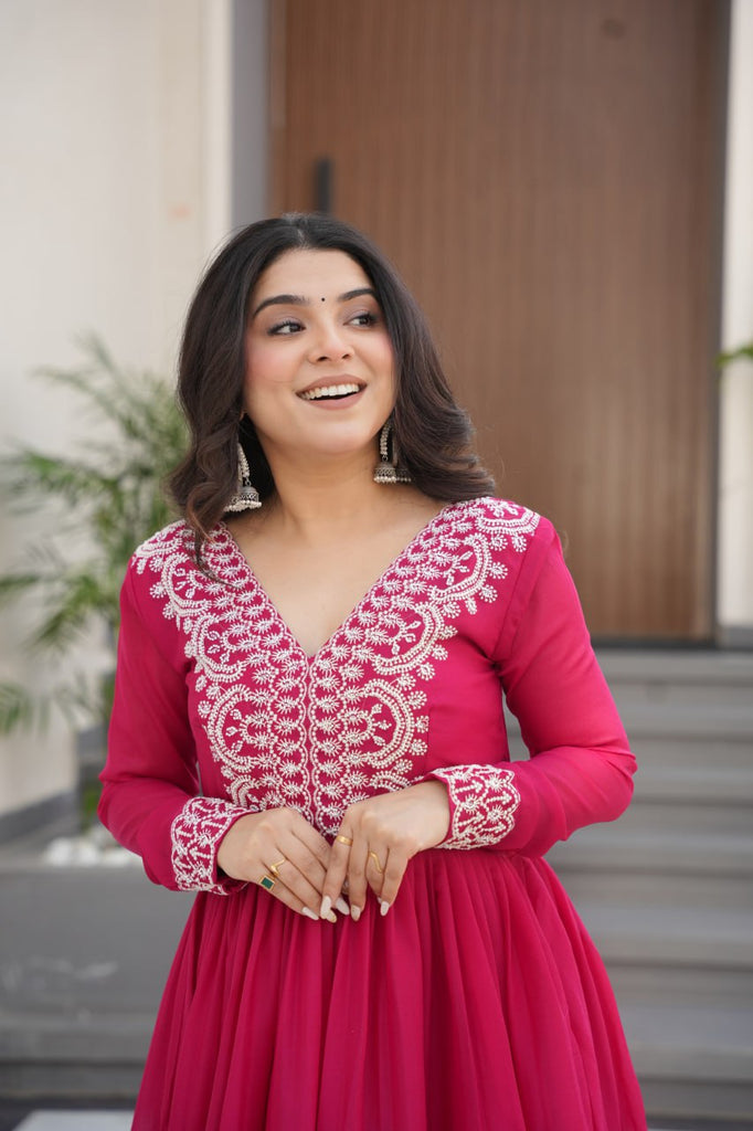 Pink Elegant Embroidered Star Georgette Gown – Double Flair & Designer V Neck ClothsVilla