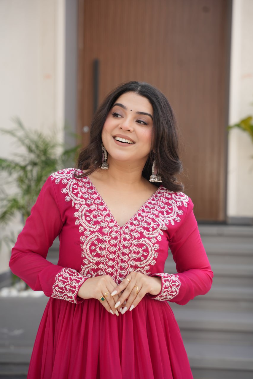 Pink Elegant Embroidered Star Georgette Gown – Double Flair & Designer V Neck ClothsVilla
