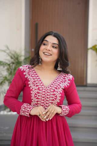 Pink Elegant Embroidered Star Georgette Gown – Double Flair & Designer V Neck ClothsVilla
