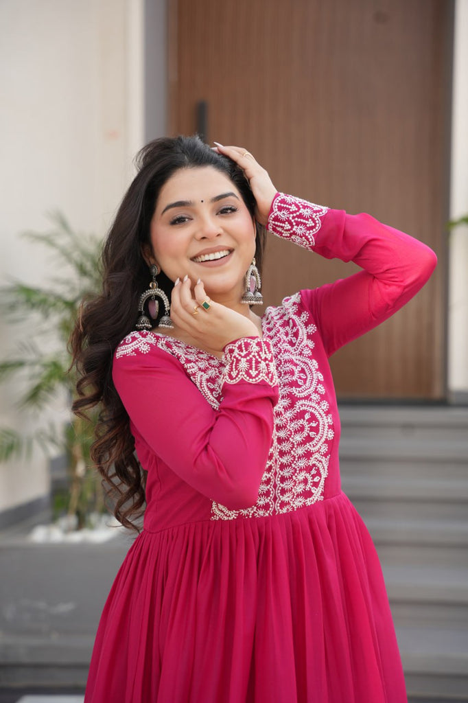 Pink Elegant Embroidered Star Georgette Gown – Double Flair & Designer V Neck ClothsVilla