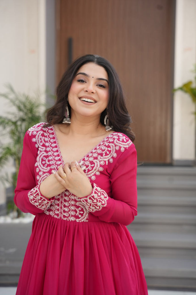 Pink Elegant Embroidered Star Georgette Gown – Double Flair & Designer V Neck ClothsVilla