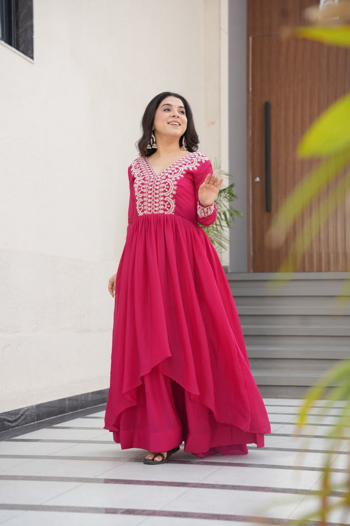 Pink Elegant Embroidered Star Georgette Gown – Double Flair & Designer V Neck ClothsVilla