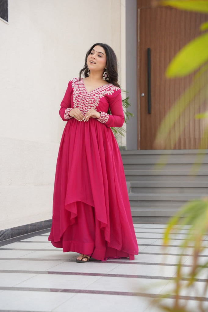 Pink Elegant Embroidered Star Georgette Gown – Double Flair & Designer V Neck ClothsVilla