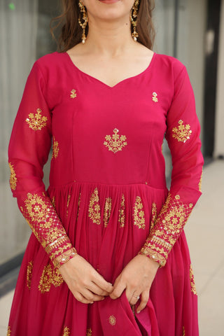 Pink Elegant Embroidered Star Georgette Gown with Dupatta – Full Sleeve, Pan Neck, Zari & Sequin Work Clothsvilla