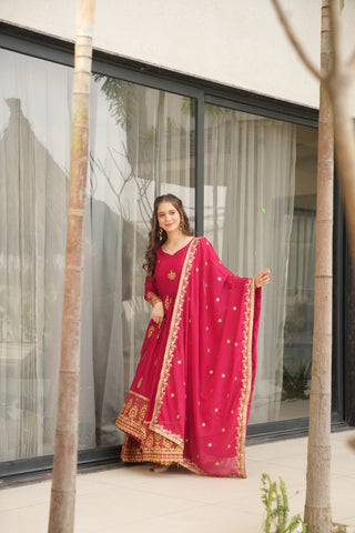 Pink Elegant Embroidered Star Georgette Gown with Dupatta – Full Sleeve, Pan Neck, Zari & Sequin Work Clothsvilla