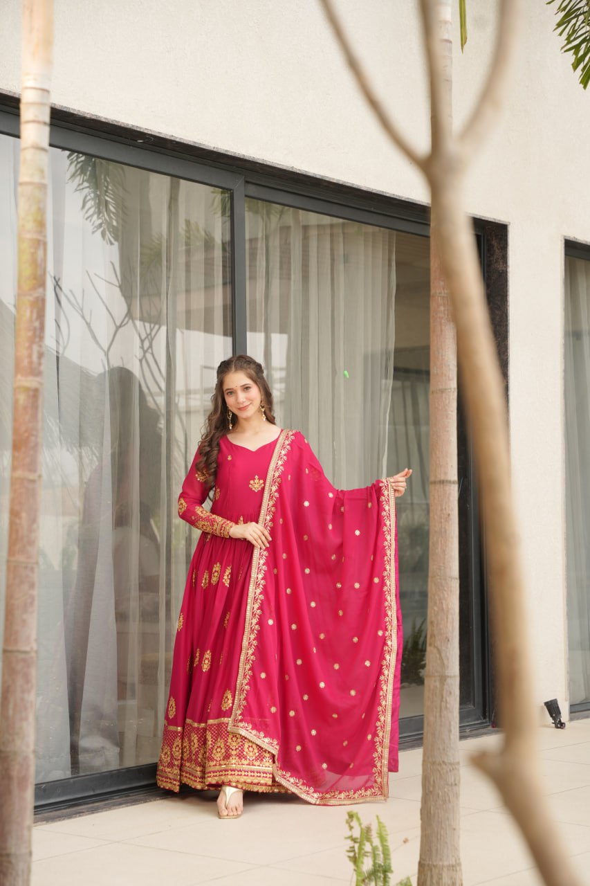 Pink Elegant Embroidered Star Georgette Gown with Dupatta – Full Sleeve, Pan Neck, Zari & Sequin Work Clothsvilla Main image