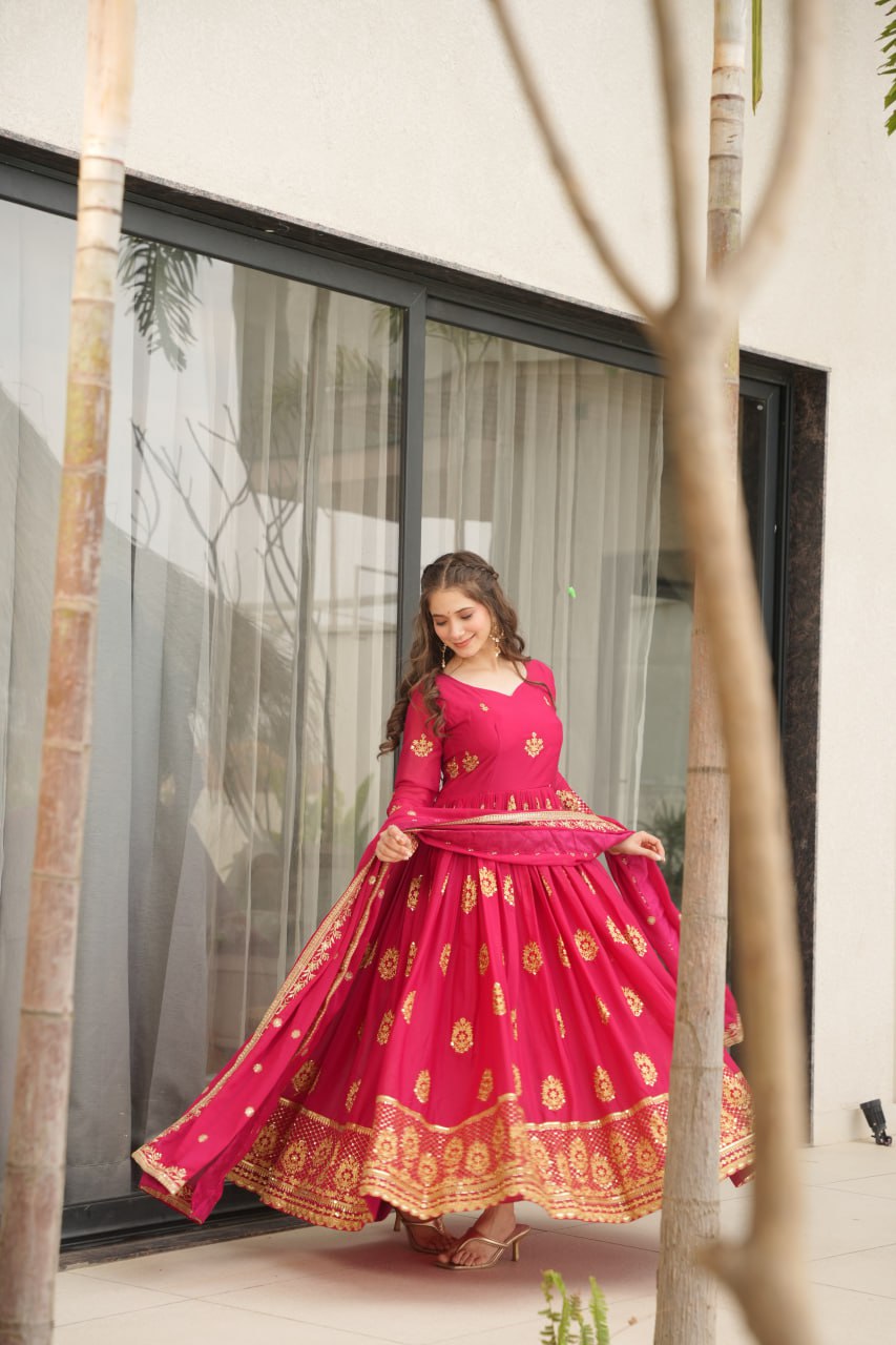 Pink Elegant Embroidered Star Georgette Gown with Dupatta – Full Sleeve, Pan Neck, Zari & Sequin Work Clothsvilla