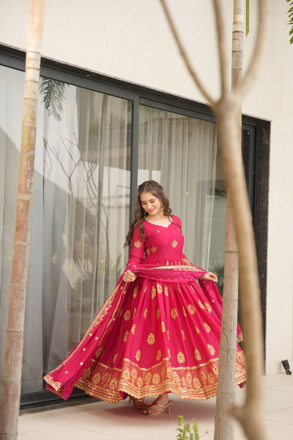 Pink Elegant Embroidered Star Georgette Gown with Dupatta – Full Sleeve, Pan Neck, Zari & Sequin Work Clothsvilla