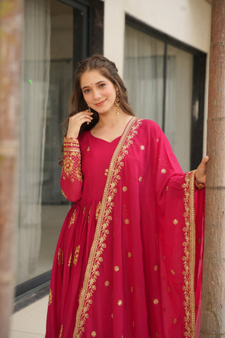 Pink Elegant Embroidered Star Georgette Gown with Dupatta – Full Sleeve, Pan Neck, Zari & Sequin Work Clothsvilla