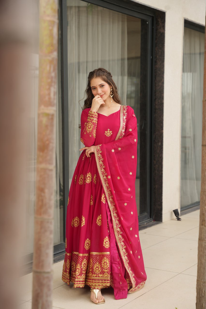 Pink Elegant Embroidered Star Georgette Gown with Dupatta – Full Sleeve, Pan Neck, Zari & Sequin Work Clothsvilla