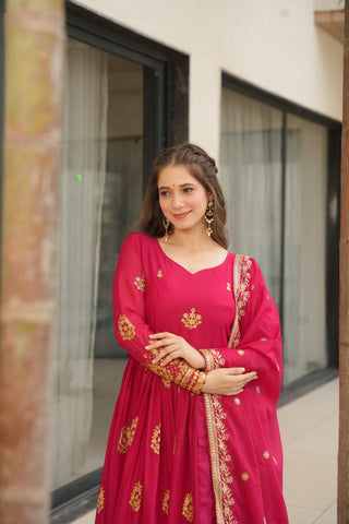 Pink Elegant Embroidered Star Georgette Gown with Dupatta – Full Sleeve, Pan Neck, Zari & Sequin Work Clothsvilla