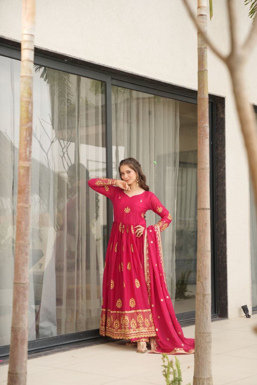 Pink Elegant Embroidered Star Georgette Gown with Dupatta – Full Sleeve, Pan Neck, Zari & Sequin Work Clothsvilla