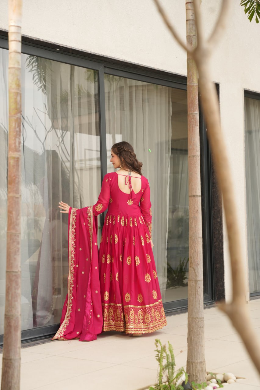 Pink Elegant Embroidered Star Georgette Gown with Dupatta – Full Sleeve, Pan Neck, Zari & Sequin Work Clothsvilla