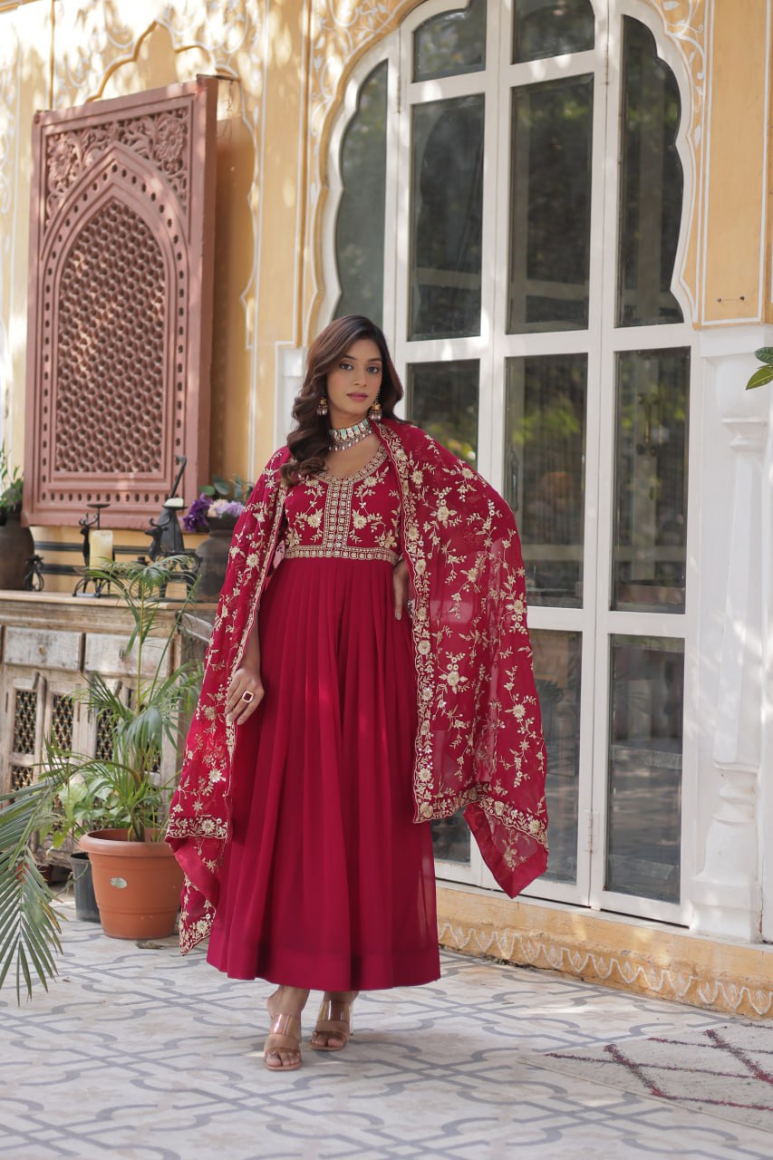 Pink Elegant Faux Blooming Embroidered Gown with Sequins & Zari Work ClothsVilla