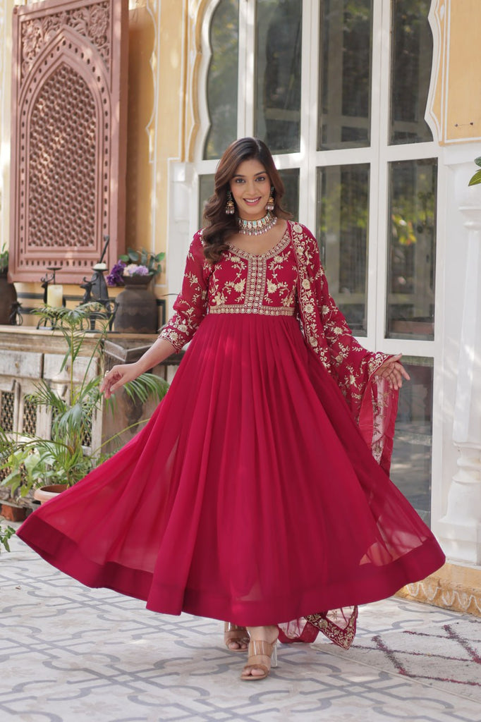 Pink Elegant Faux Blooming Embroidered Gown with Sequins & Zari Work ClothsVilla