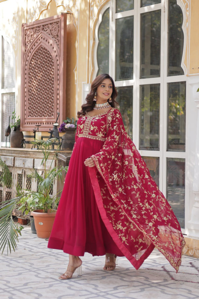 Pink Elegant Faux Blooming Embroidered Gown with Sequins & Zari Work ClothsVilla