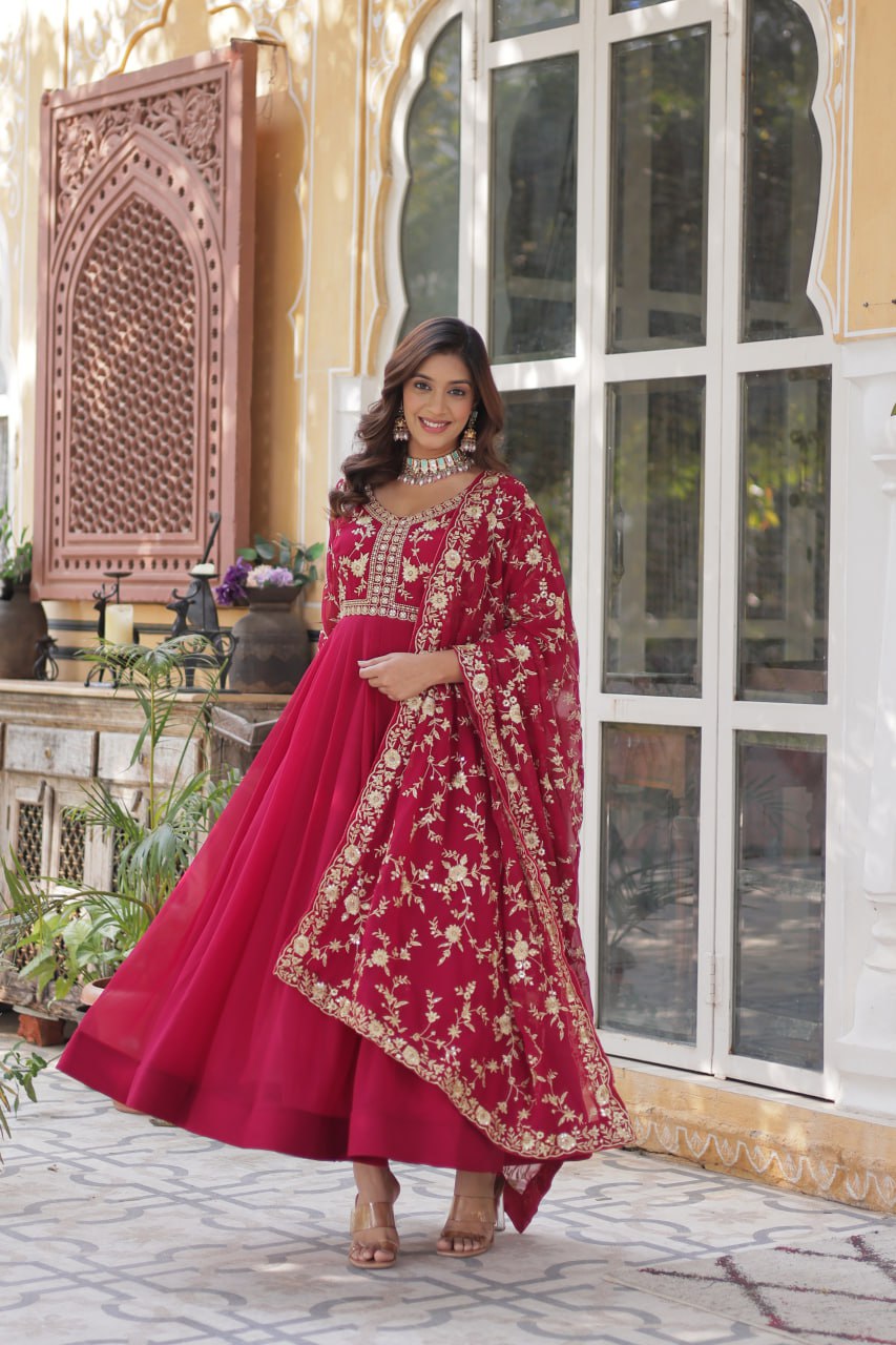 Pink Elegant Faux Blooming Embroidered Gown with Sequins & Zari Work ClothsVilla Main image