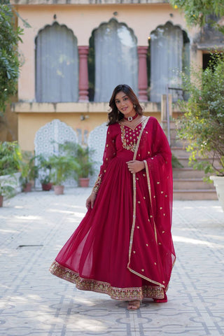Pink Elegant Faux Blooming Georgette Gown with Sequins Embroidery & Matching Dupatta