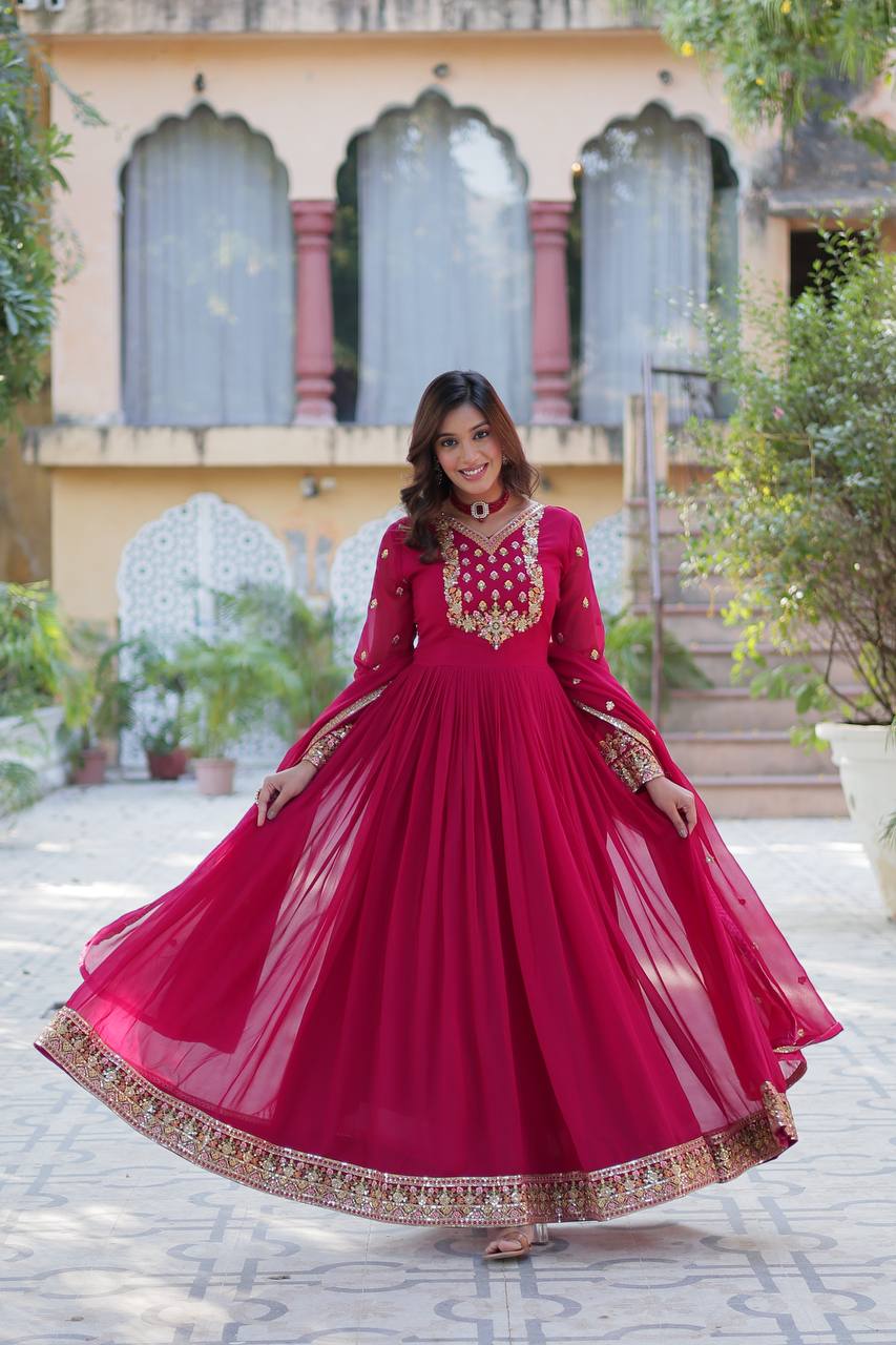 Pink Elegant Faux Blooming Georgette Gown with Sequins Embroidery & Matching Dupatta