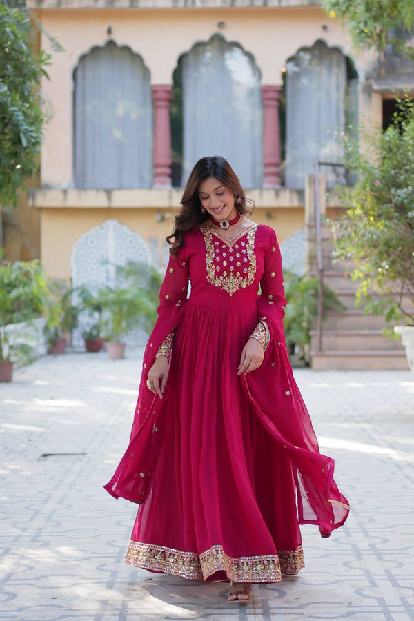 Pink Elegant Faux Blooming Georgette Gown with Sequins Embroidery & Matching Dupatta