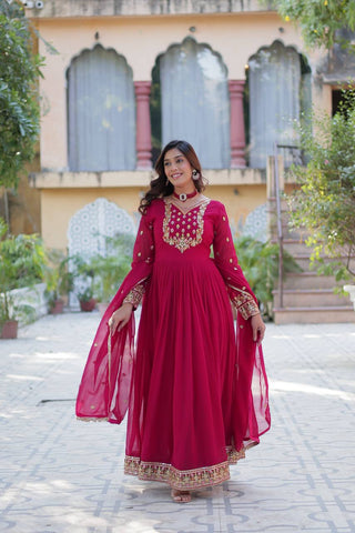 Pink Elegant Faux Blooming Georgette Gown with Sequins Embroidery & Matching Dupatta