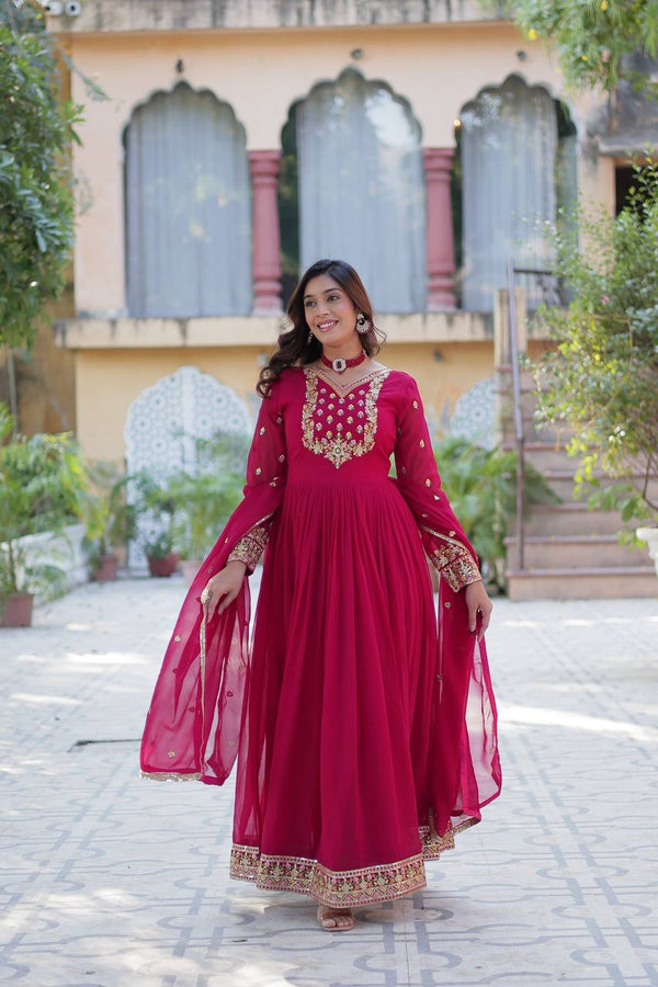 Pink Elegant Faux Blooming Georgette Gown with Sequins Embroidery & Matching Dupatta