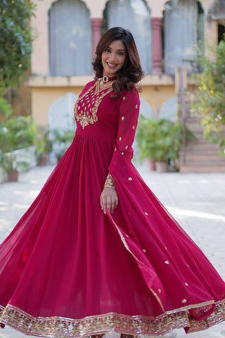 Pink Elegant Faux Blooming Georgette Gown with Sequins Embroidery & Matching Dupatta