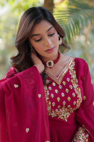 Pink Elegant Faux Blooming Georgette Gown with Sequins Embroidery & Matching Dupatta