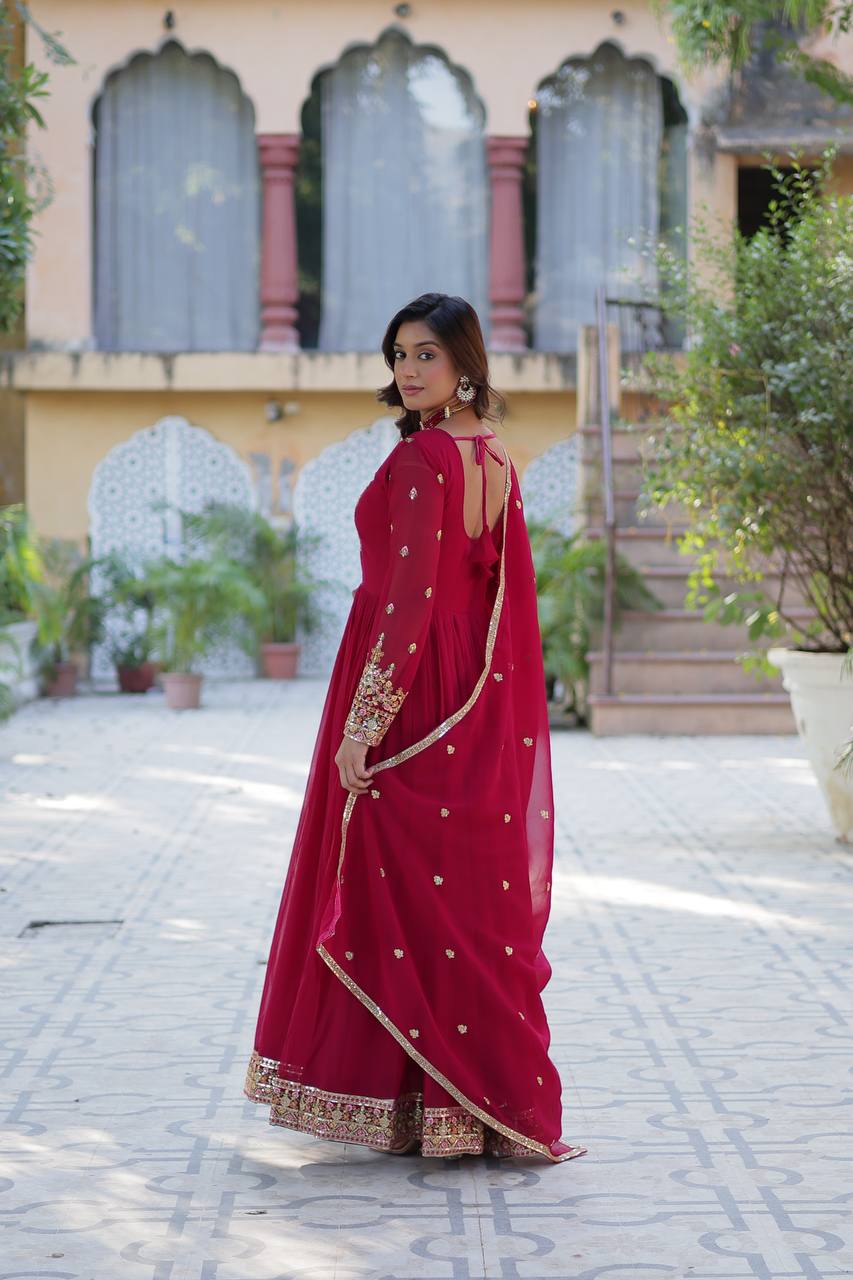 Pink Elegant Faux Blooming Georgette Gown with Sequins Embroidery & Matching Dupatta